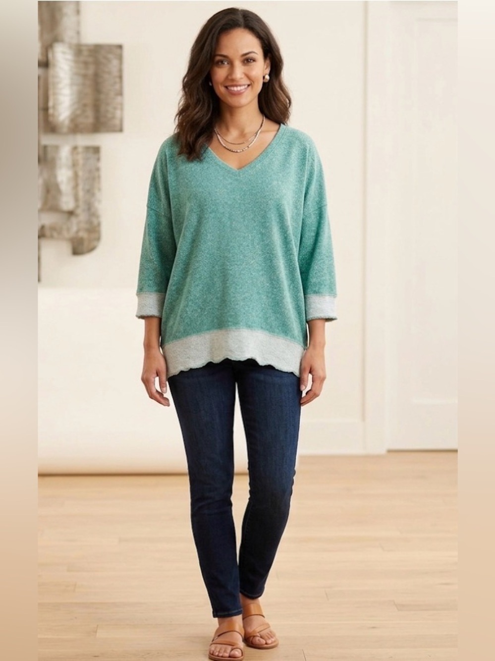 Kut From The Kloth Women's Green V-Neck 3/4 Sleeve Top